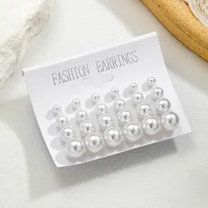 12 Pairs Faux Pearl Stud Earrings Set, Simple Classic Fashion Card Packaging, Mixed Sizes, Daily Elegant All-Match Combo