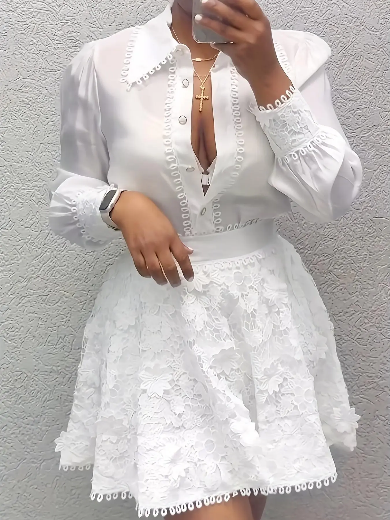 Women's 2-Piece Polyester Clothing Set - No-Elastic Smooth Woven Fabric, Contrast Floral Lace Button-Front Blouse, Mini Skirt, Elegant Lady Outfit for Party, Brunch, Machine Washable, Contrast Lace, Clothes, Casual, Basic