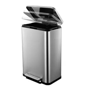 13gal Tall Rectangular Kitchen Bin, Stainless Steel Touchless Garbage Can with Soft-Close Step Pedal, Smudge-Resistant Design, Removable Inner Bucket and Cover