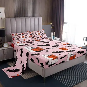 Kids Halloween Decor Bed Sheets Set Bats Deep Pocket Fitted Sheet Cartoon Ghost Bedding Sets Spooky Halloween Pattern Soft Bed Set