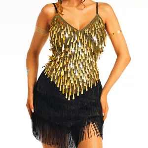 Women Sparkly Gold Sequin Fringe Mini Dress Sleeveless Latin Dance Tassel Casual Summer Dresses