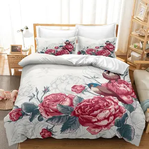 3pcs Watercolor Pink Rose & Bird Print Duvet Cover Set, Floral Print Bedding, Washable Microfiber Duvet Cover Soft And Comfortable Duvet Cover (1 Duvet Cover 2 Pillowcases,No Comforter, No Pillow)