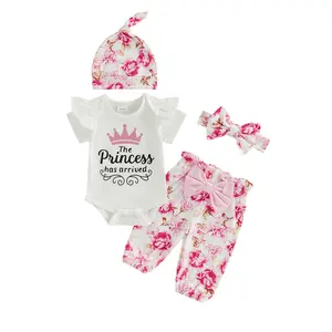 Meihuida The Princess Has Arrived Newborn Outfit Preemie Baby Girl Coming Home Clothes Short Sleeve Romper Top Floral Pants Set