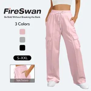 FireSwan Women’s Cargo Sweatpants Fleece Lined Wide Leg Pants Drawstring High Waisted Baggy Lounge Pants with Pockets