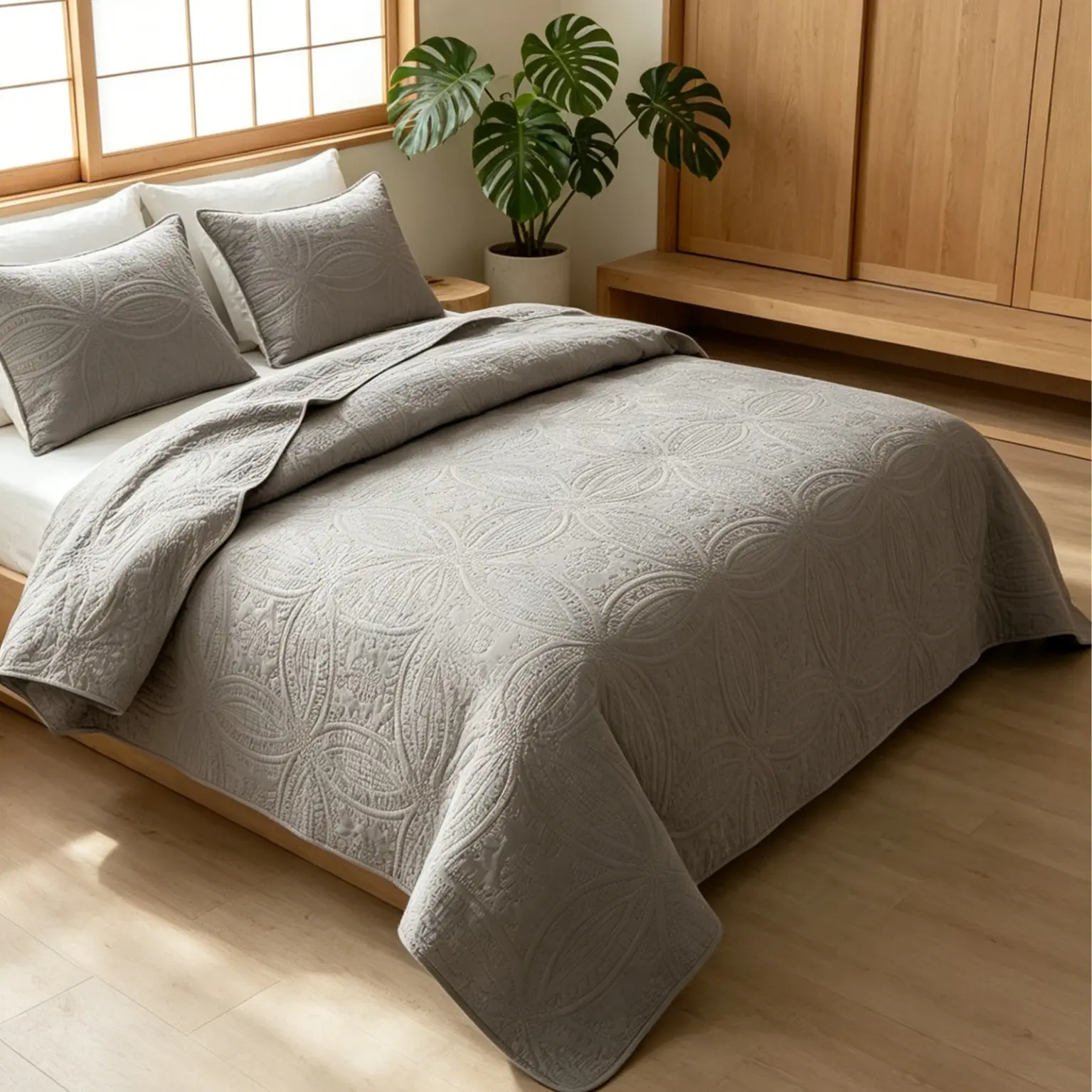 【Summer Win】Gray Ultrasonic Quilted Bedding Set, 3-Piece Soft Breathable Bed Sheet Set, Wrinkle-Free Comfortable Home Textile