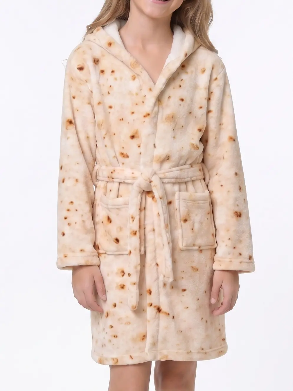 Kids Burrito Bathrobe - Funny Tortilla Print Hooded Fleece Robe for Toddler Girls Boys, Ultra Soft Plush Flannel Warm Sleepwear Loungewear with Pockets and Waist Belt, Perfect for Bath Shower Pool Beach Spa, Cozy Novelty Pajamas Creative Holiday Gift