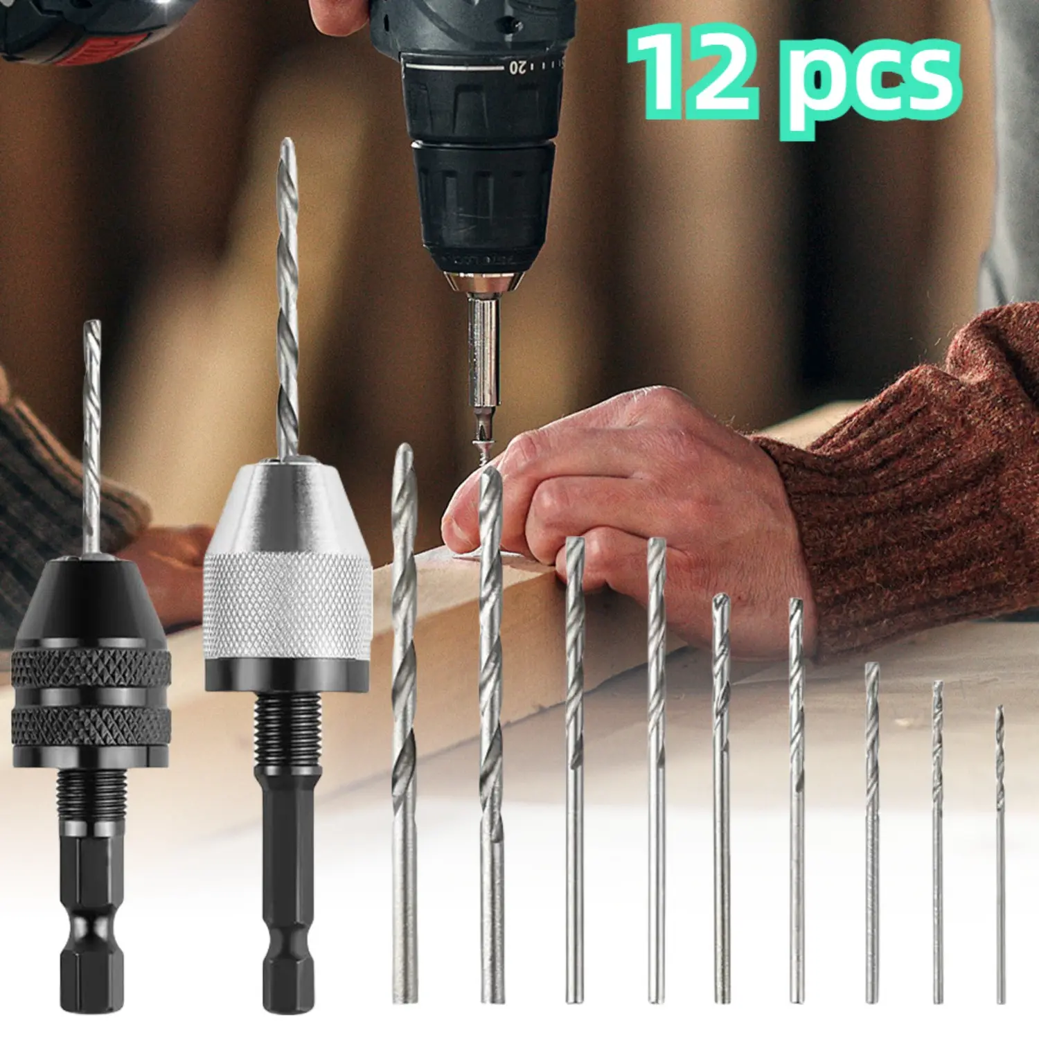 2 Pieces Keyless Drill Chuck, 1/4 Inch Hex Shank Drill Adapter, 0.3-6.5 Mm and 0.3-3.6 Mm 3-jaw Drill Chuck, Keyless Drill Chuck with 10 X 0.8-3.0 Mm Drill Set for Conversion Tool