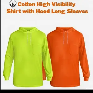 2 pieces 0528M Summer Cotton High Visibility T Shirt Safety Long Sleeve with Hood Lime Green or Orange Menswear Clothes