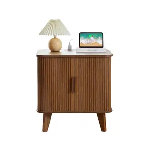 Giratree 24" Large Fluted End Table with Charging Station, Mid Century Sofa Side Table with Sliding Tambour Door & Storage, Curved Farmhouse Wood Nightstand for Living Room, Bedroom