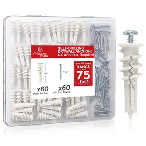 120Pcs #8 Self Drilling Drywall Anchors and Screws kit #8 x 1-1/4”- Superb Wall Anchors for Drywall, Holds Upto 75lbs – No Drill Hole Required with These Dry wall Screws and Anchors