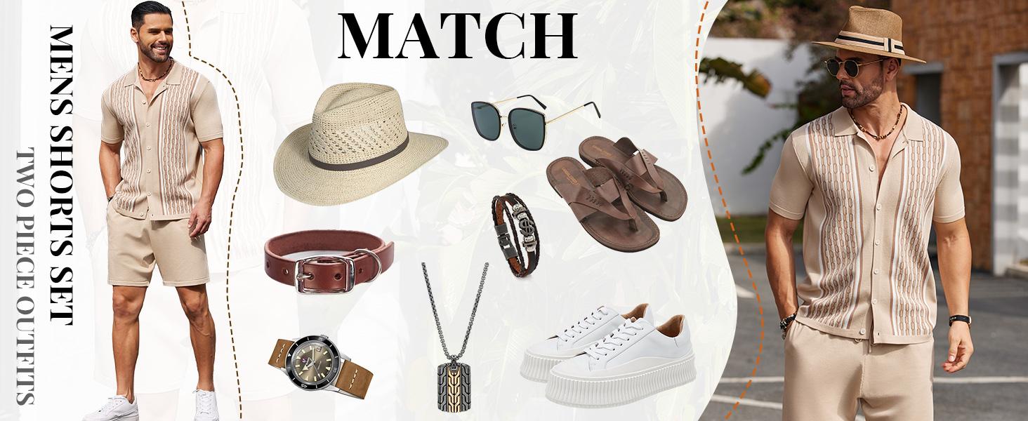 COOFANDY Men's 2 Piece Outfit Vintage Short Sleeve Button Down Knit Polo Shirts Casual Beach Shorts Sets