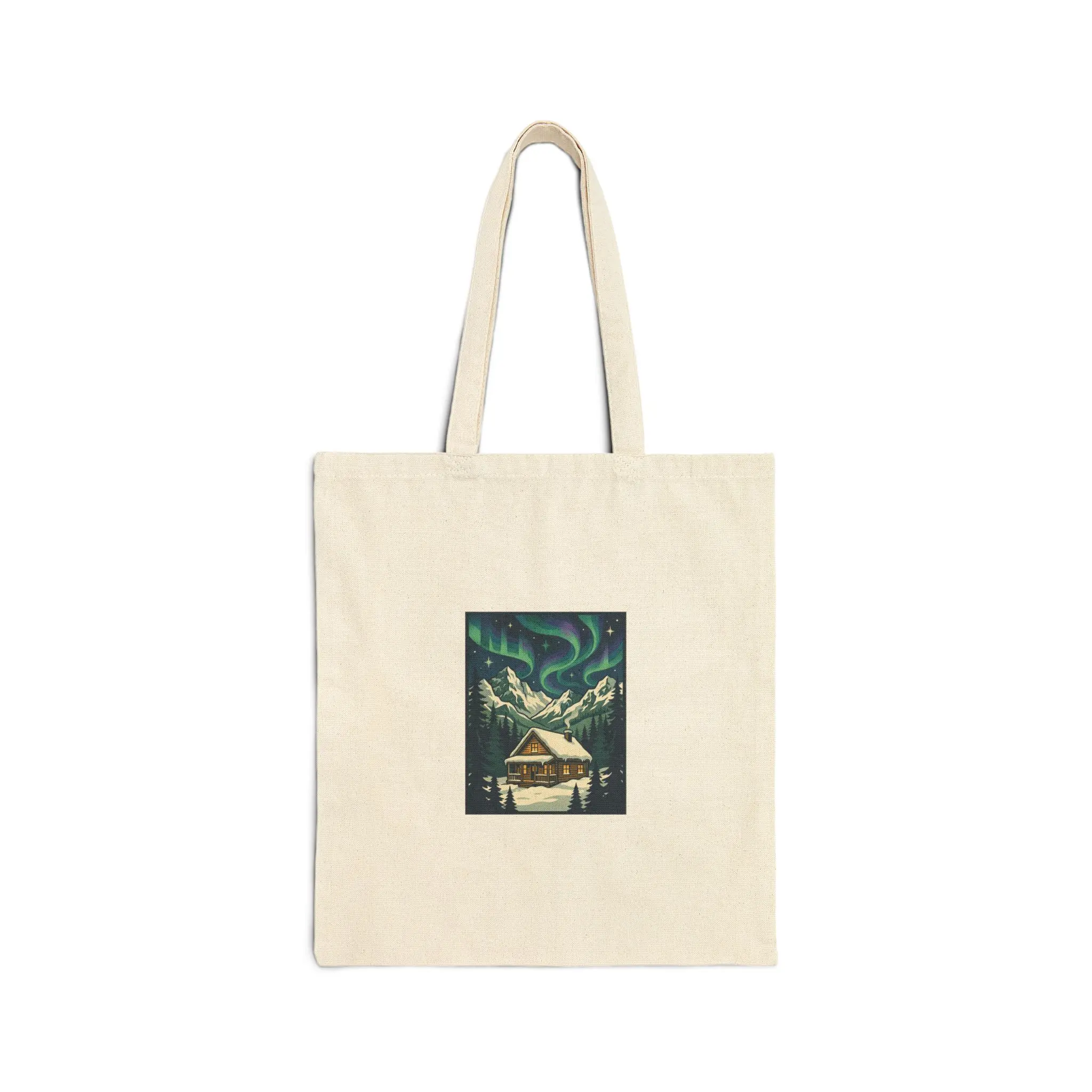 Northern Lights Cabin Tote Bag | Aurora Borealis, Snowy Forest Artwork