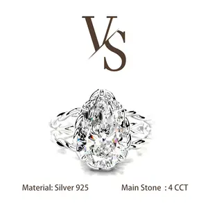 [Venus Jewelry] Synthetic Moissanite 4 CCT Pear Shape Double Twist Band Design VVS 1 D Color Solid Silver 925 Solitare Ring