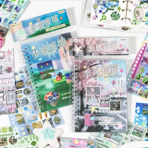 Dreamcore Aesthetic Die-Cut Sticker Book - Hand-Designed Sticker Books with 2 Styles, 30 Glossy/Matte Sheets for Journaling, Collage Art, DIY Spring Glow-Up Decor (TikTokShop, INS Softcore)
