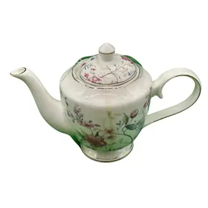 Classic White Ceramic Teapot - Elegant Floral Design with Gold Rim Accents