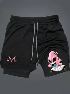 Dragon Ball Majin Buu Print 2-In-1 Drawstring Waist Shorts, Quick-Dry Swim Trunks, Loose Fit with Pockets, Ideal for Summer & Workout, Athletic Sports Shorts, Funny Sports Shorts, Streetwear Sports Shorts