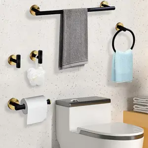 Black and Gold 5-Piece Bathroom Hardware Set with Wall-Mounted Stainless Steel Towel Rack, Toilet Paper Holder, Robe Hooks & 2 Towel Rings