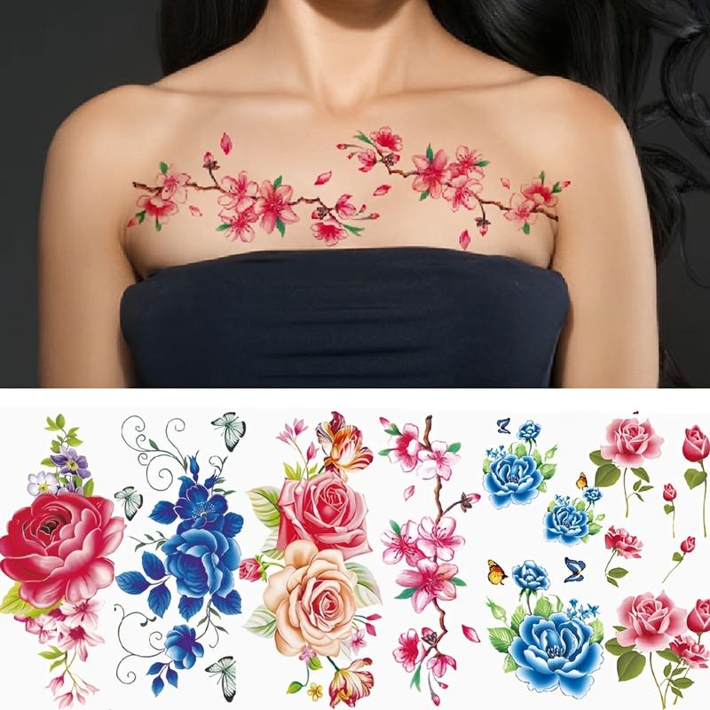 Women's 6-Sheet Waterproof Flowery Temporary Tattoos - Assorted Rose, Peony & Cherry Blossom Body Art, Easy-Apply, Easy-to-Remove, Realistic Designs, No Permanent Commitments