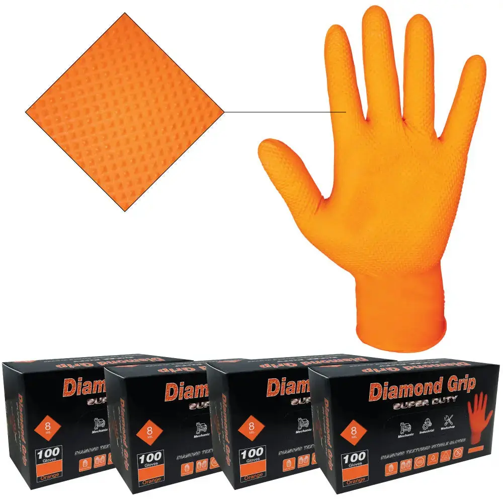 Lauco Industrial Waterproof Orange Nitrile Cleaning Gloves - 8 mil Thick, Raised Diamond Texture Grip, Latex-Free, Powder-Free, Durable, Allergy-Friendly, High Visibility, Minimizes Sweat Build-Up, Chemical-Resistant (Box of 400, for Construction Workers)