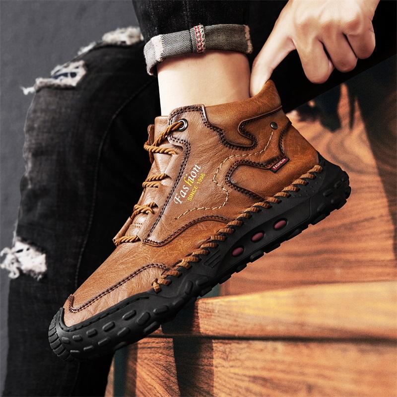 Men's Casual Sneakers, Retro Hand-Stitched High-Top Shoes, Leather Ankle Boots, Comfortable Walking Shoes with Round Toe, Flat Heel and Rubber Outsole for Outdoor Hiking, Urban Commuting, Work, Travel and Everyday Wear
