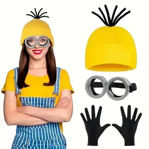 [Fun Party Glasses] Fun 3D Round Party Glasses, Adults' Complete Costume Set - Bright Yellow Beanie Hat, like Goggles & Black Gloves - Heavy-Duty & Flexible Design for Cosplay
