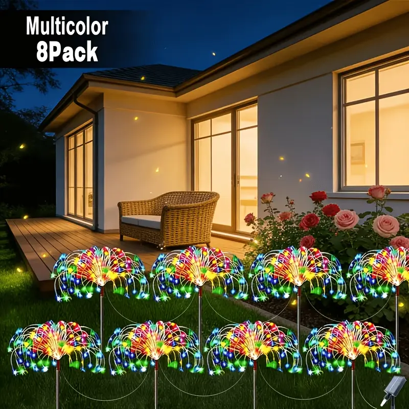 8-piece set of outdoor solar garden lights, fairy lights, 8 modes of fairy tale fireworks decoration, IP65 waterproof solar garden lights, solar powered, suitable for garden paths, flower beds, balcony paths, lawns, Christmas, pies, and garden decoration
