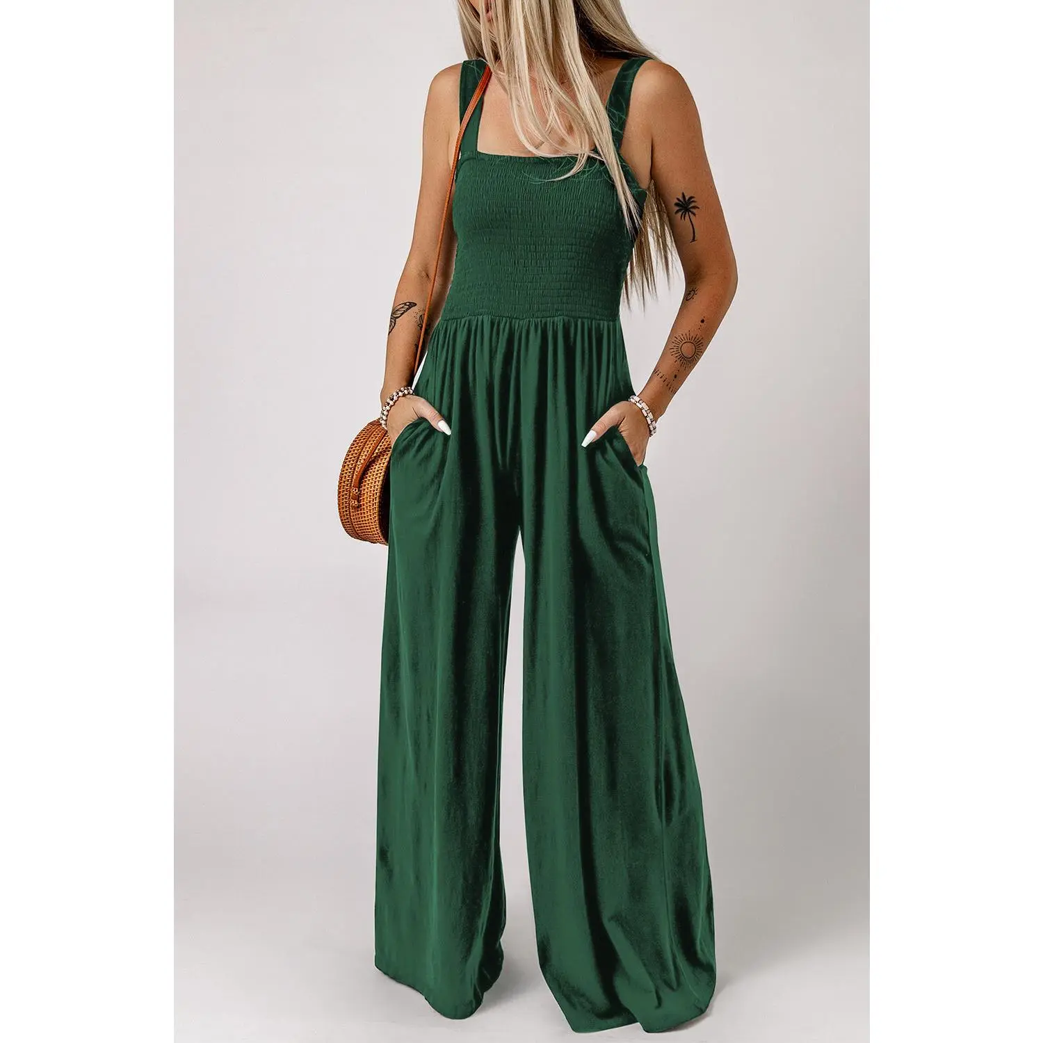 Smocked Square Neck Wide Leg Jumpsuit with Pockets