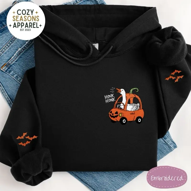 Unisex Embroidered Honk Honk Silly Goose Buggy With Bat Sleeves Halloween Hoodie
