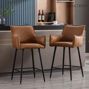 CHAIRUS 26" Modern Counter Height Bar Stools with Arms Set of 2, PU Leather Upholstered Kitchen Stools with Back Comfy Counter Height Island Chairs for Living Room Kitchen Pub Small Corner, Brown