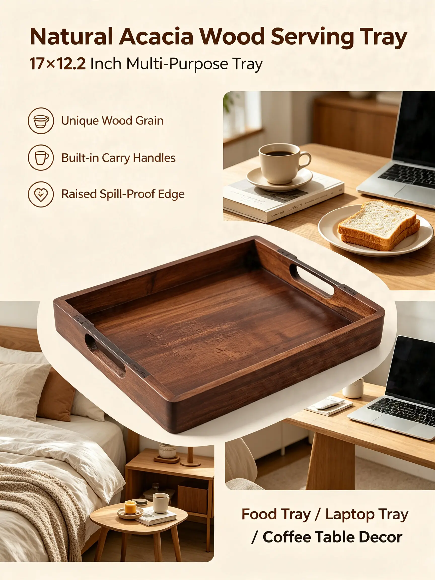17x12.2 Inch Natural Acacia Wood Serving Tray with Cutout Handles, Multipurpose Rustic Wooden Breakfast Bed Tray, Decorative Food Platter Laptop Holder for Coffee Table Bedroom Home Kitchen