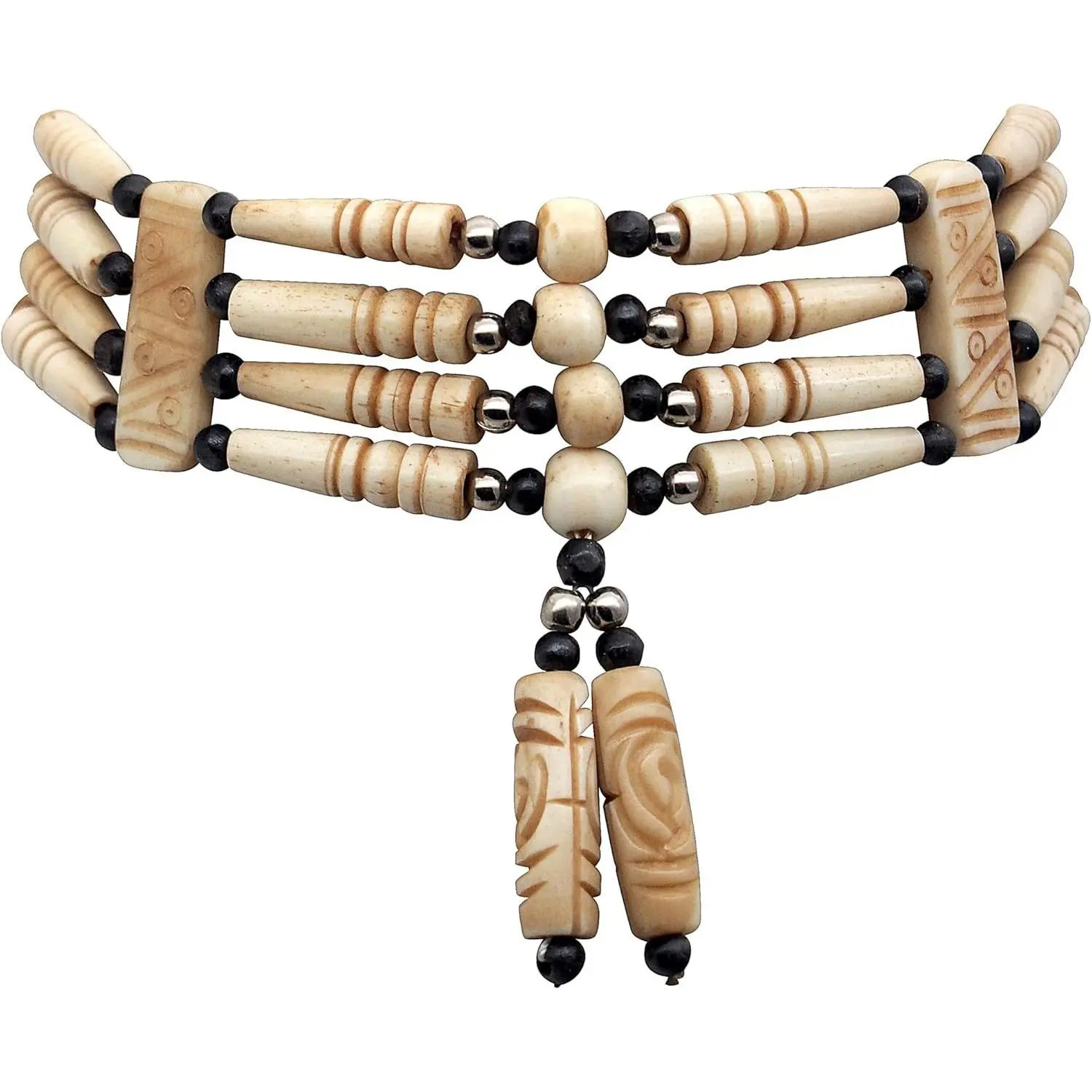 Indian Style  Choker Necklace, 4 Row Tan Traditional Hairpipe Beads, Unisex Adjustable