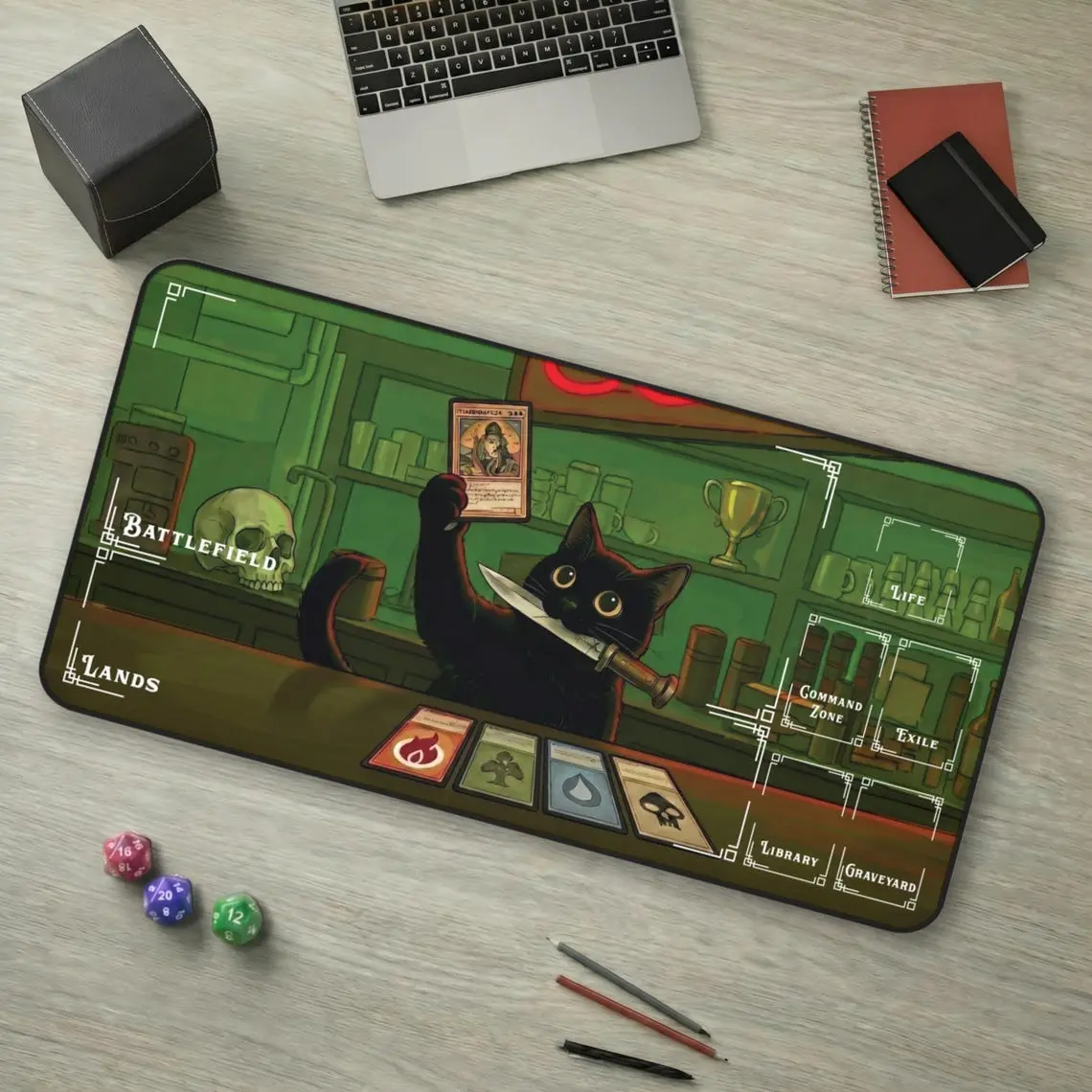 Cat Playmat MTG With Card Zones – Black Cat Fantasy TCG Mat, Magic The Gathering Desk Mat, Cute Dark Gaming Playmat
