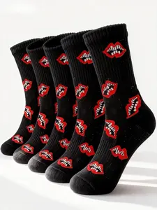 Red Lips Unisex Embroidered Trendy Socks Striped Skateboard Basketball Socks Mid-Calf Towel Bottom High Tube Pure Cotton Sports Socks 4 Pairs