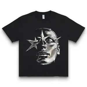 Metallic Star Portrait Graphic T-Shirt - Sleek Black & Silver Print Casual Cotton Tee