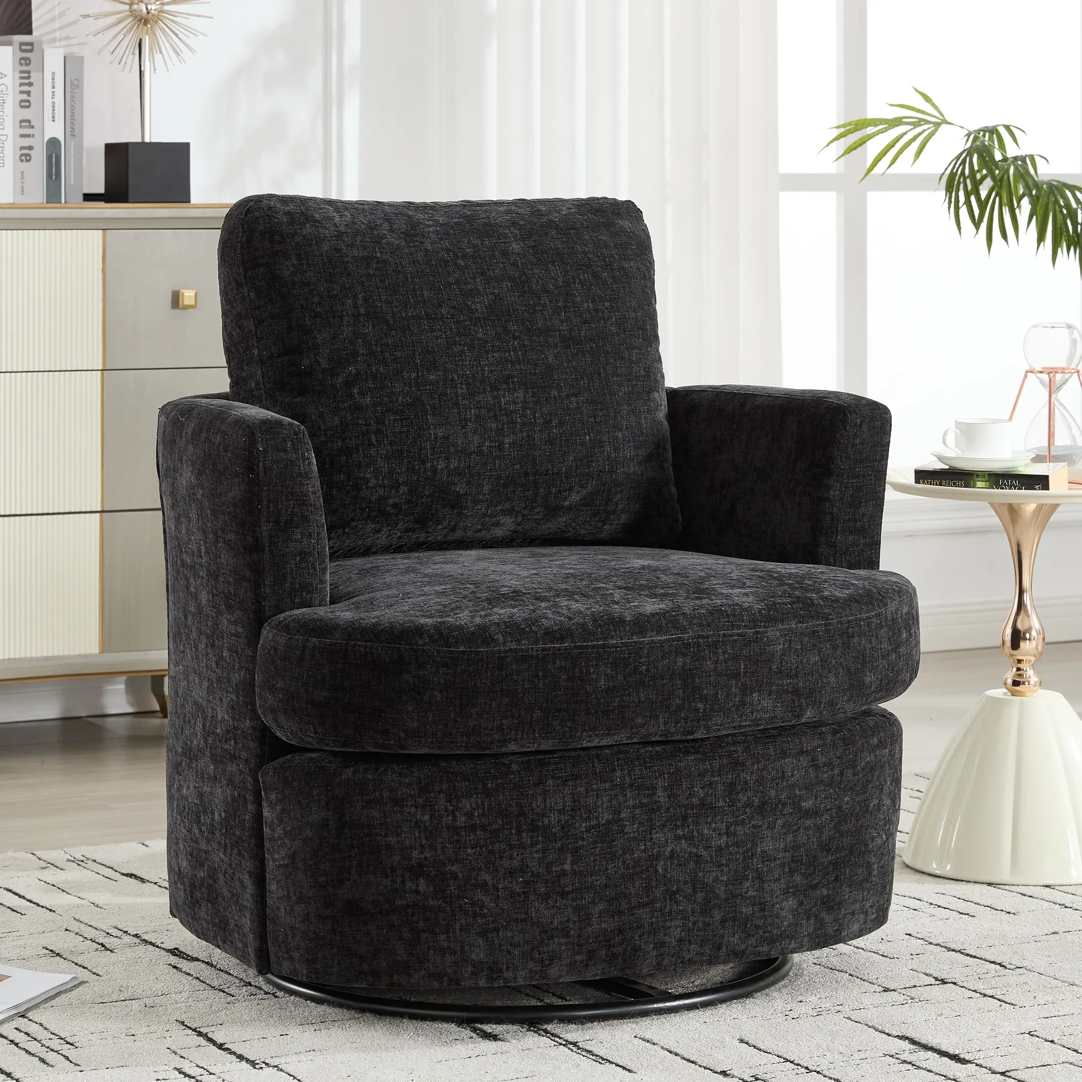 Eyisean 32'' Chenille Upholstered Swivel Accent Barrel Chair, 360 Degree Modern Oversized Round Swivel Chair for Living Room/ Nursery, Comfy Single Sofa Chair with Cushion