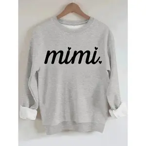 Women's Casual Mimi Heart Pattern Pullover Sweater, Soft Long Sleeve Round Neck Sweatshirt, Comfortable Daily Wear