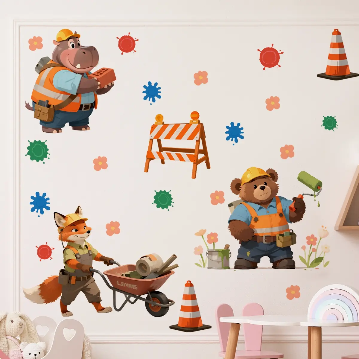 A new style of small animal construction wall sticker for bedroom, living room, and bathroom background walls - a self-adhesive wall sticker M20124 for beautifying and decorating homes