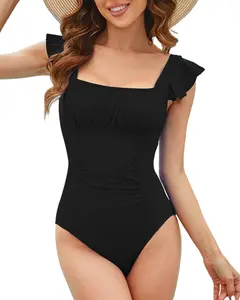 Women's Solid Ruched Ruffle Trim Butterfly Sleeve One-piece Swimsuit, Casual Square Neck Cap Sleeve Swimwear for Summer, Fashion Women's Swimsuit for Beach Holiday