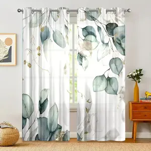 Eucalyptus Leaf Print Curtain, 2 Counts/set Modern Simple Blackout Curtain, Window Drapes for Home Living Room Bedroom Decor