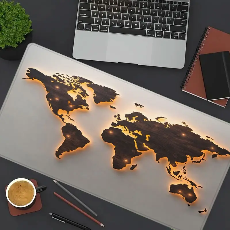 1pc Glowing World Map Large Gaming Mouse Pad, Wooden Earth Extended Desk Mat,Office Desk Accessories Non-Slip Stitched Edge Computer Mat ,Rubber Base Laptop Keyboard Pad for Home Office & Gamer,Durable and Spill-Resistant,Ideal Gift