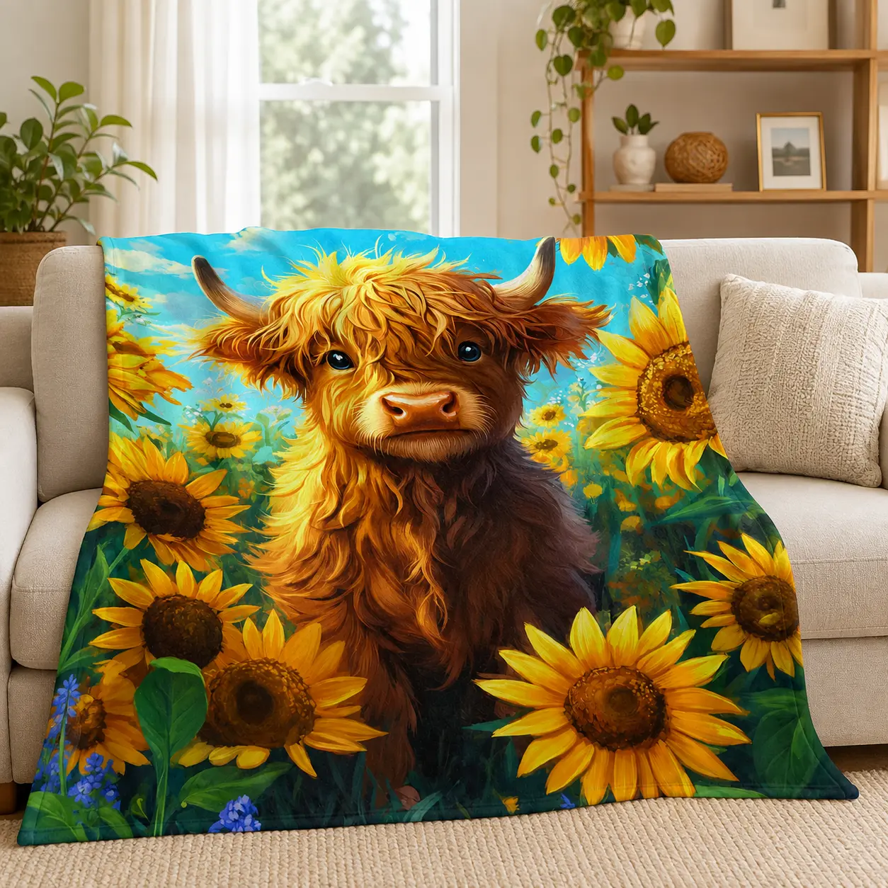 Highland Cow & Sunflower Field Landscape Flannel Blanket, Cozy Soft Wrinkle Resistant Warm Throw For Bed Sofa, Rustic Farmhouse Animal Print Blanket, Country Cottage Bedroom Accent For Home Lounge And Nature Lovers