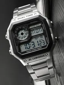 Vintage Silver Color Alloy Watch, Three-Screen Digital Display, Waterproof Night Glow, Men's Sports Watch with Steel Band, Quartz Watch