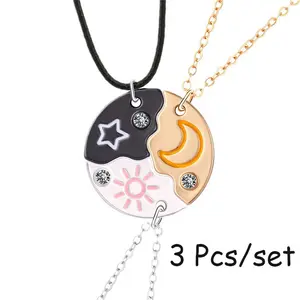 Set of 3 Round Rhinestone Star Moon Sun Friendship Necklaces BFF Best Friends Forever Fantasy Cute Pendant for Unbreakable Friendship