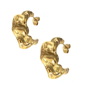 Artistic Gold Plated C-Shaped Hoop Earrings Y2K - Sculptural Liquid Gold Chunky Design Hypoallergenic Stainless Steel Earrings for Everyday Style