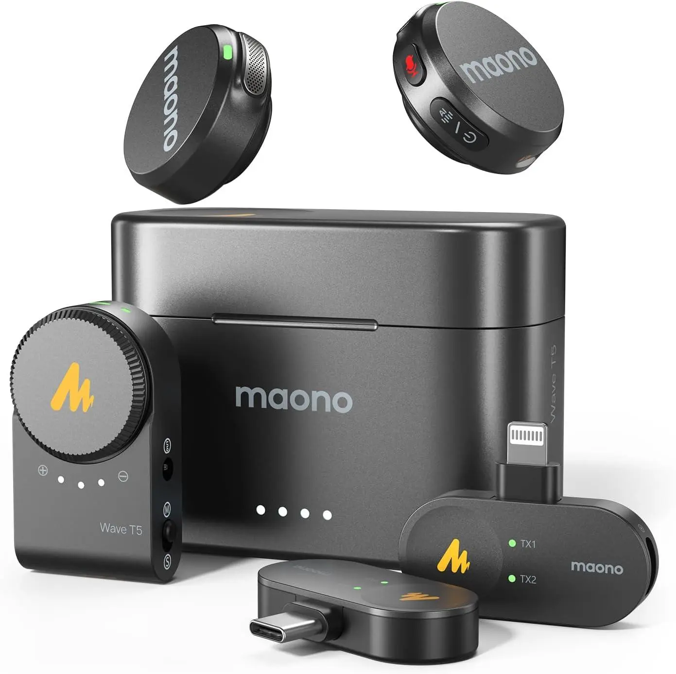 MAONO Wave T5 Mini Wireless Lavalier Mic – AI Noise Cancellation, 40H, 1000ft Range
