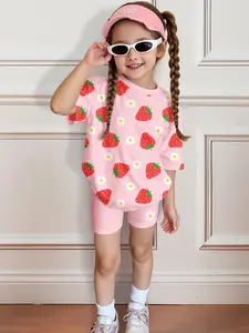 Girls' Comfortable Summer Set, Strawberry Chrysanthemum Print Round Neck Short Sleeve Top + Elastic Waist Pants, Ages 4y-8y