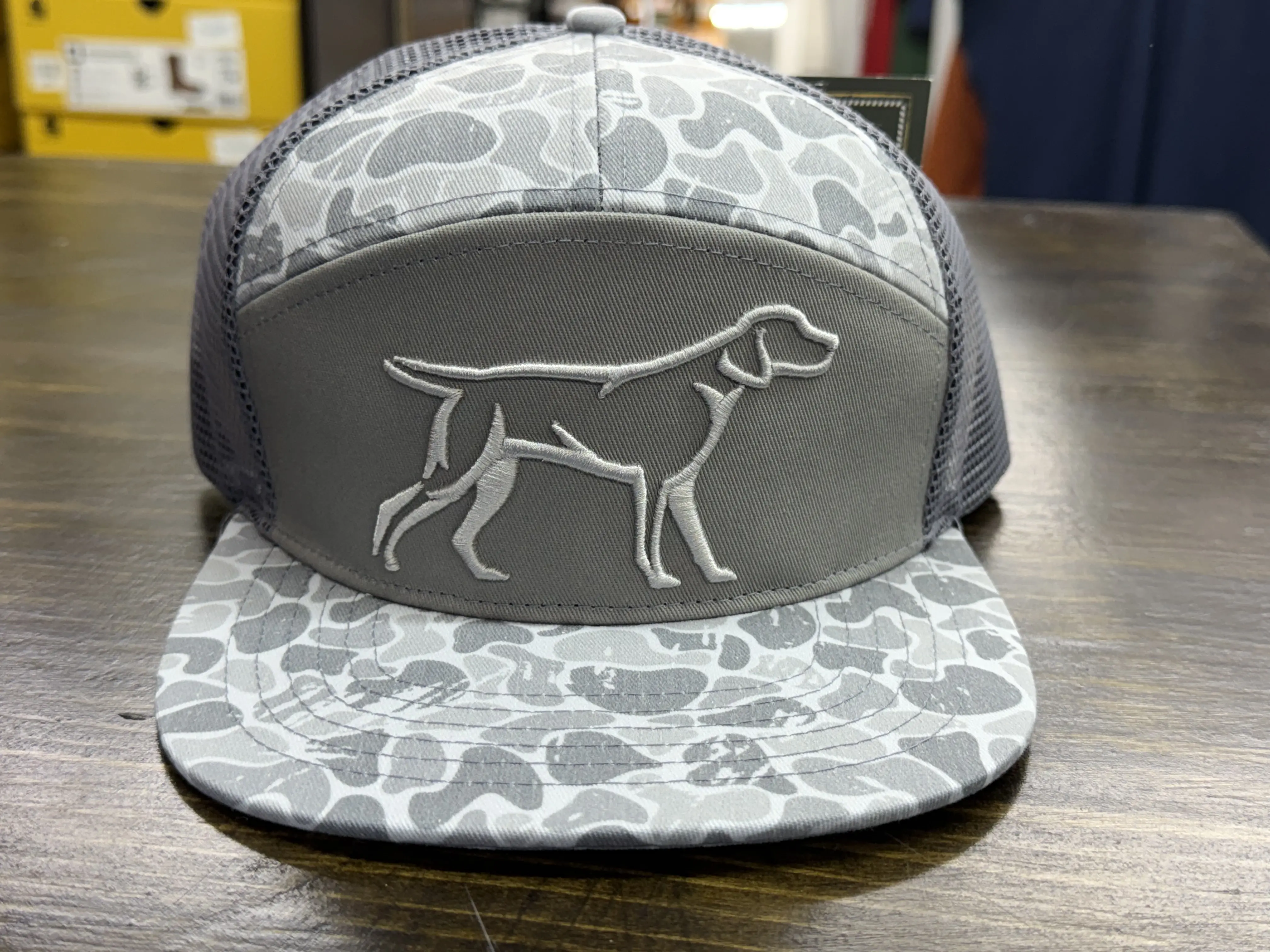 Roost Waterfowl Grey Backwoods Camo 7 Panel Hunting Dog Snapback Hat