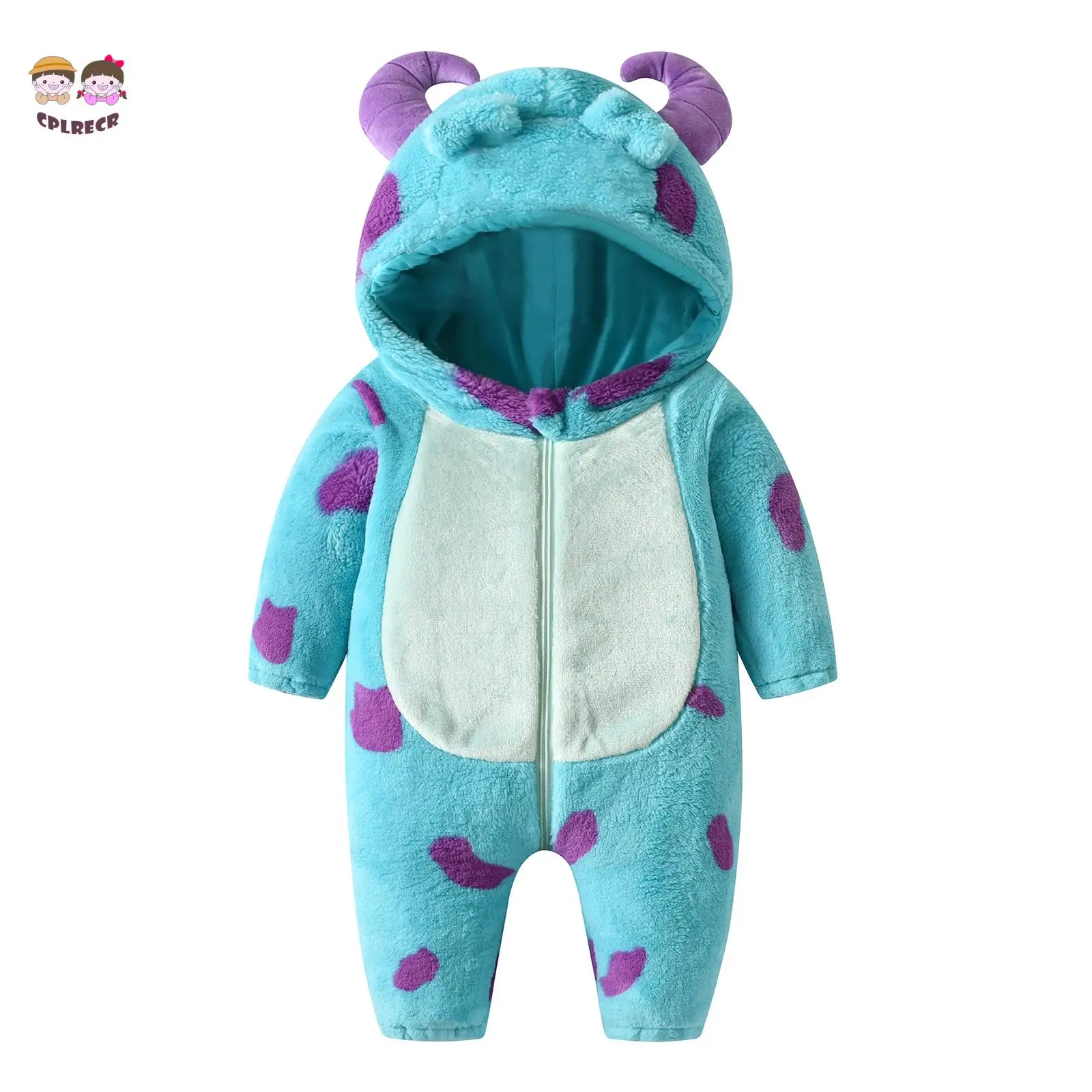 Infant Fleece Jumpsuit Cartoon Animal Horn Hooded Warm Thicken Winter Rompers Outwear Snowsuit for Baby Girls and Boys