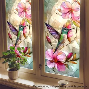 Hummingbird & Flower Pattern Sticker, 1 Sheet Window Decal, Window Decorative Sticker, Wall Art Stickers for Home Living Room Bedroom