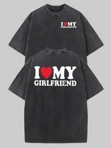 Vintage Acid Wash I Love My Girlfriend Graphic T Shirt Oversized Retro Heart Slogan Tee Double Print Front Back Distressed Cotton Couple Streetwear Y2K Casual Boyfriend Gift Short Sleeve Top